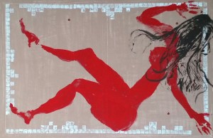 FALLING FOR YOU - 2016, assemblage: acrylics and glass hearts on canvas, 100 x 150 cm