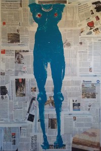 PRESS BLACKOUT - 2015, assemblage: printed paper, acrylics and rhinestones necklace, 150 x 100 cm