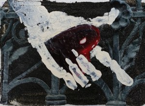 SET ME FREE - 2016, mixed media: sand, printed paper and acrylics on canvas, 15 x 22