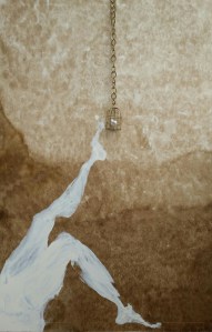 SHE, THE TEASER - 2015, assemblage: liquid bitumen, acrylics, metal bird cage and chain, 150 x 100 cm