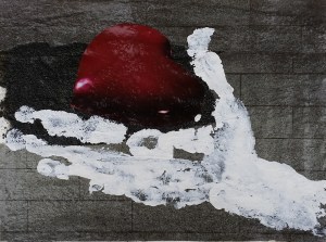 STOLEN HEART - 2016, mixed media: sand, printed paper and acrylics on canvas, 15 x 22