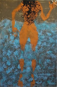 WISHING ON A STAR - 2017, assemblage: sand, acrylics and starfish on canvas, 150 x 100 cm